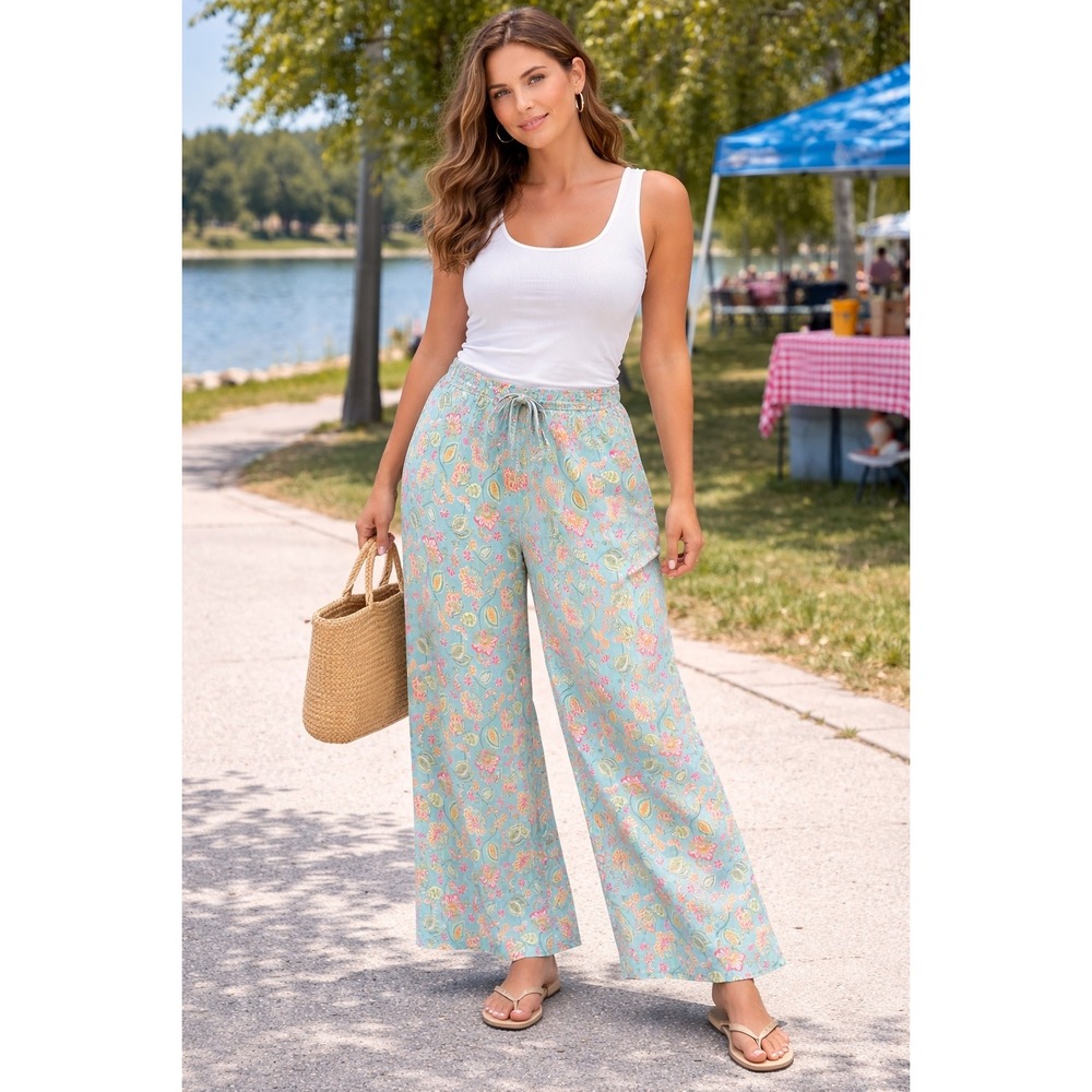 HM Womens Turquoise Floral Paisley‎ Wide Leg Drawstring Pants Size Medium boho